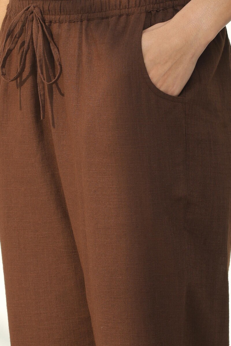 Brown Handcrafted Gauze Slub Narrow Pants