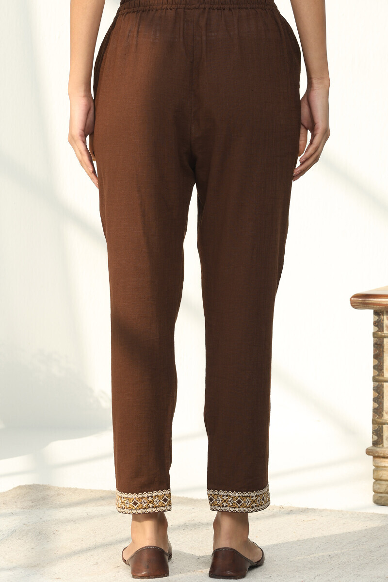 Brown Handcrafted Gauze Slub Narrow Pants