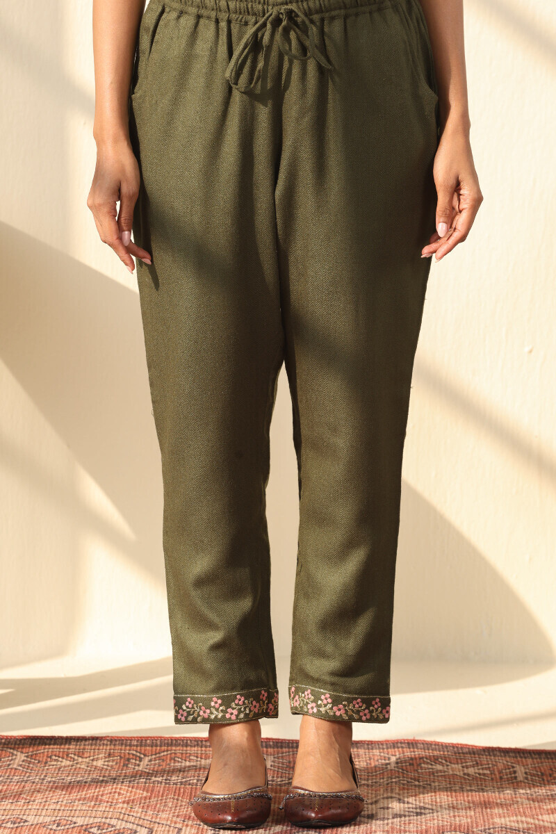 Green Handcrafted Faux Wool Narrow Pants