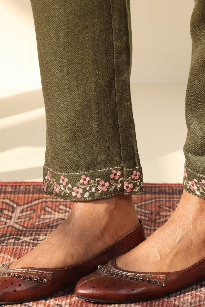 Green Handcrafted Faux Wool Narrow Pants