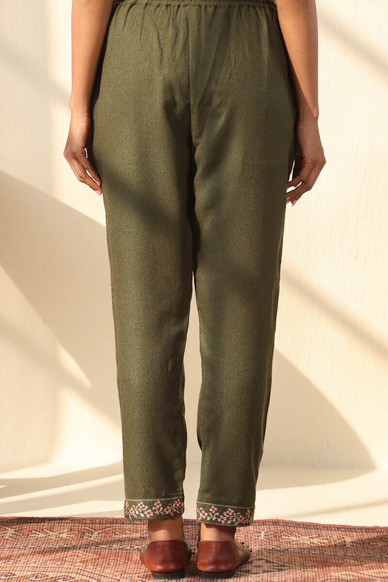 Green Handcrafted Faux Wool Narrow Pants