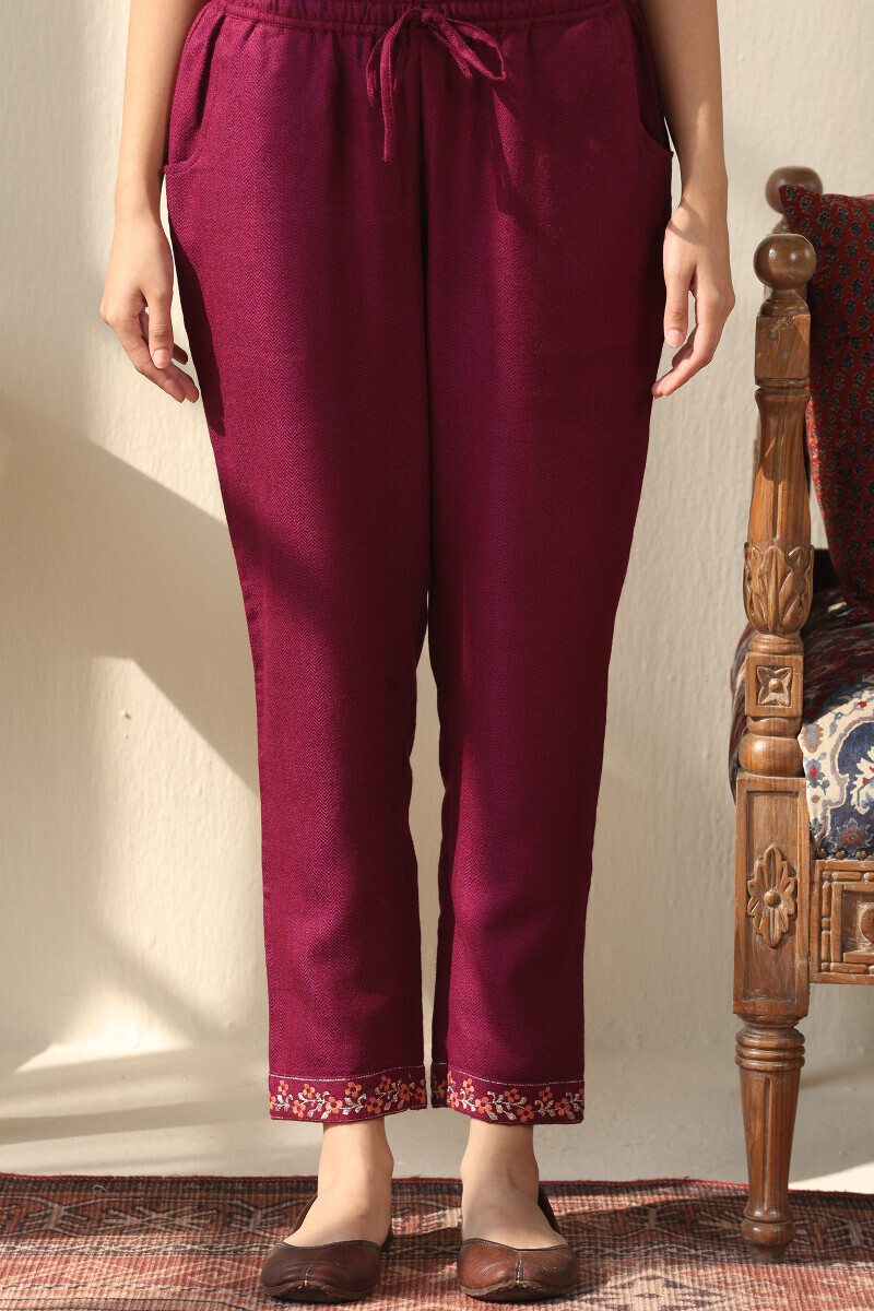Purple Handcrafted Faux Wool Narrow Pants