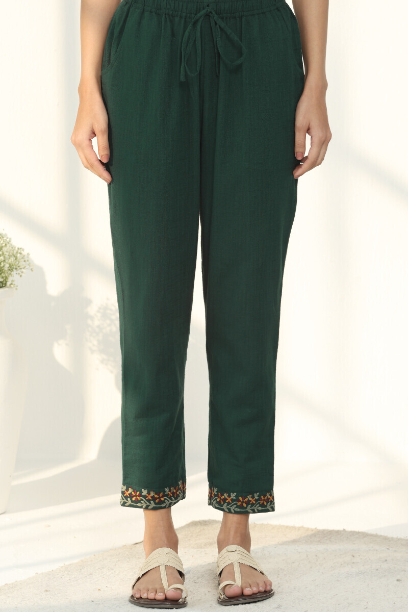 Green Handcrafted Gauze Slub Narrow Pants