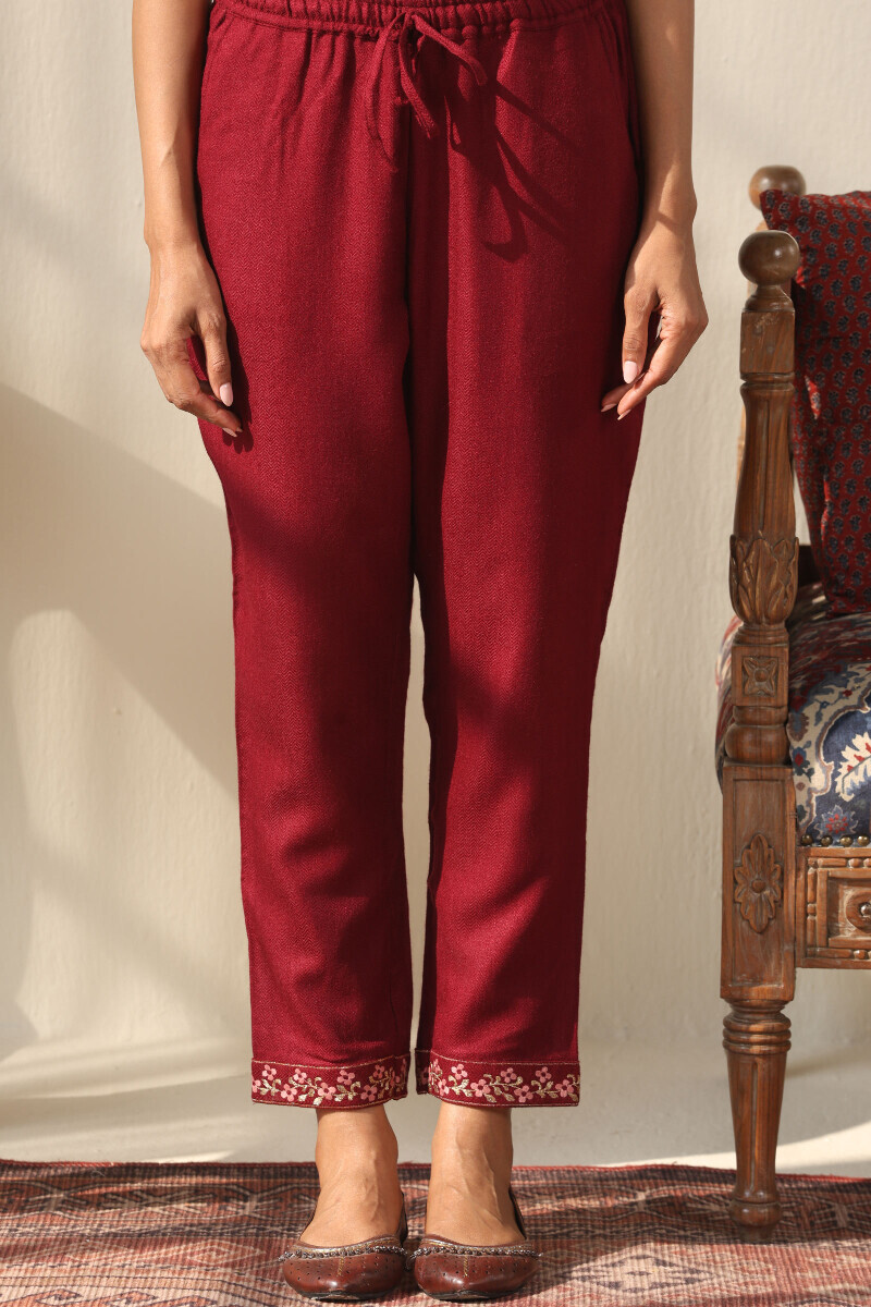 Maroon Handcrafted Faux Wool Narrow Pants
