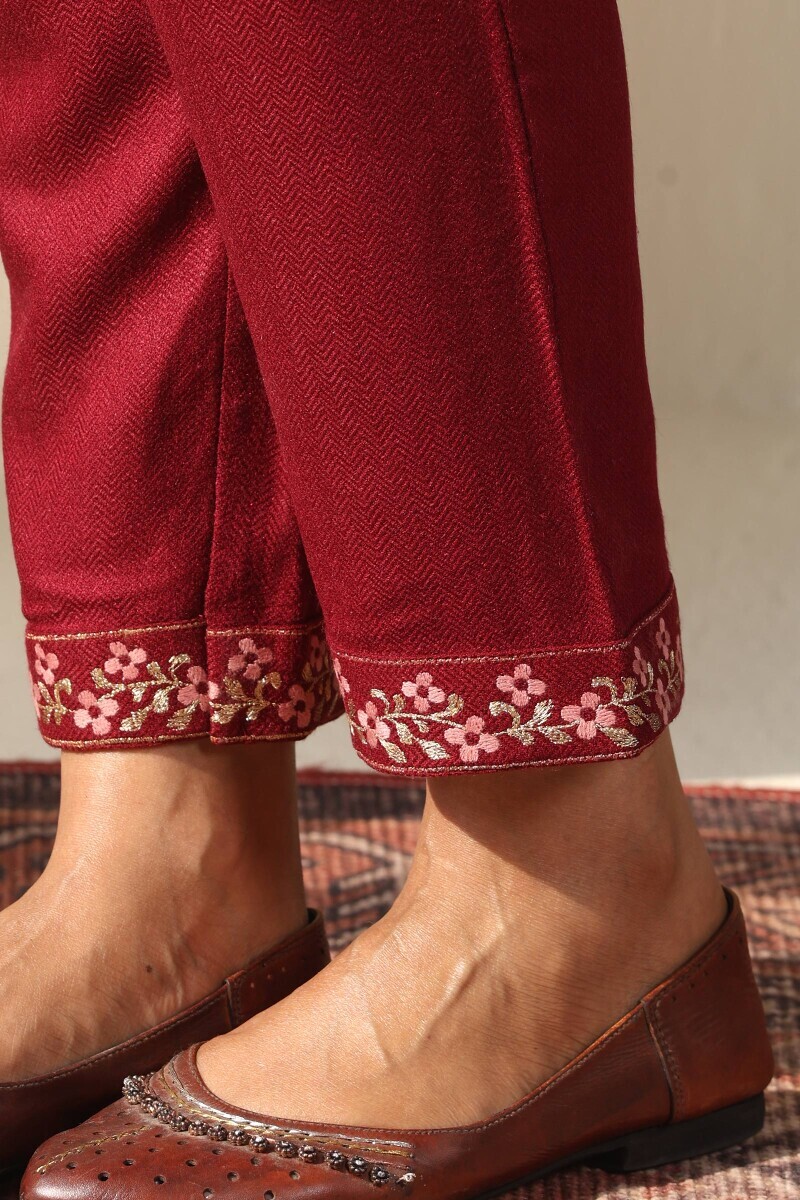 Maroon Handcrafted Faux Wool Narrow Pants