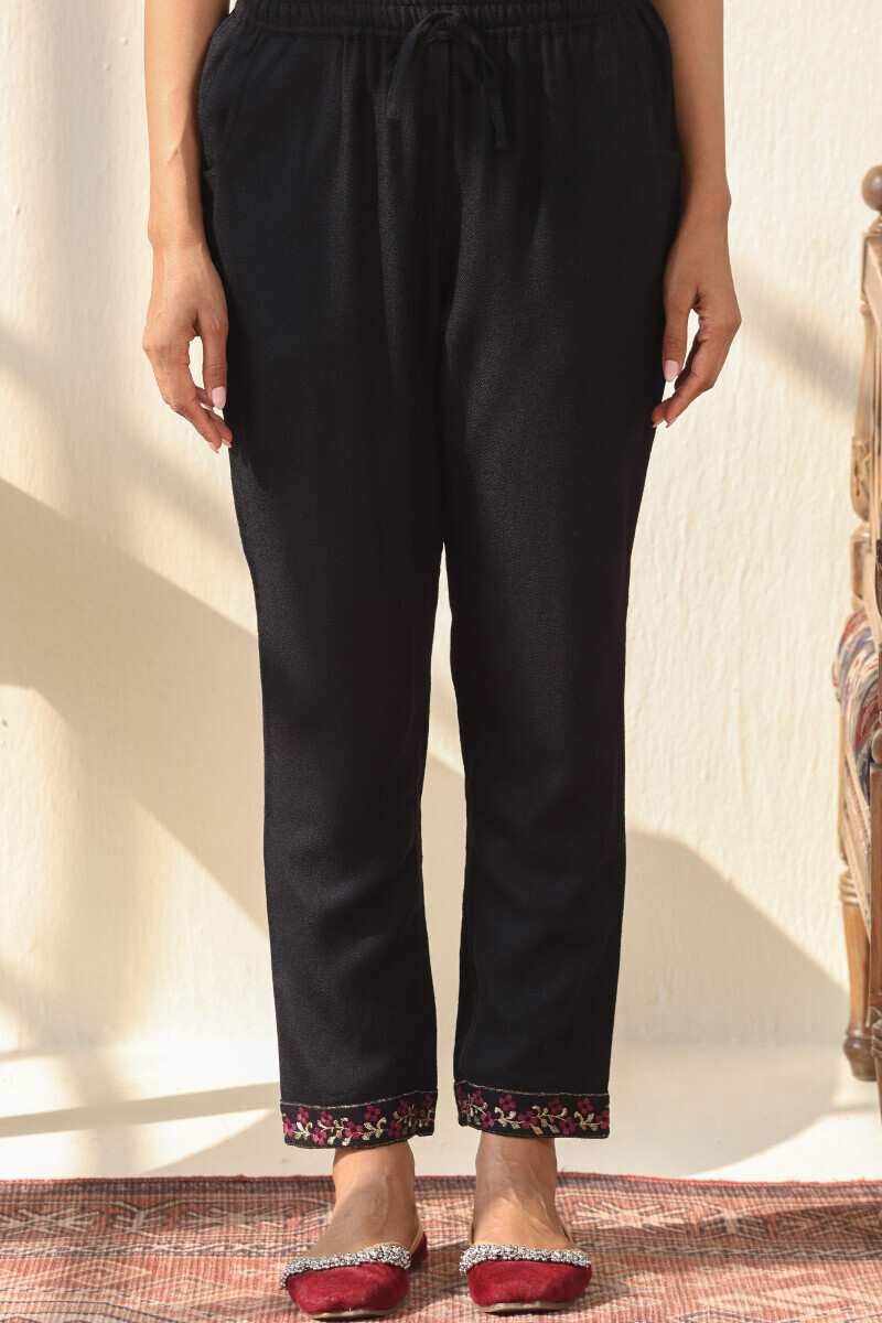 Black Handcrafted Faux Wool Narrow Pants