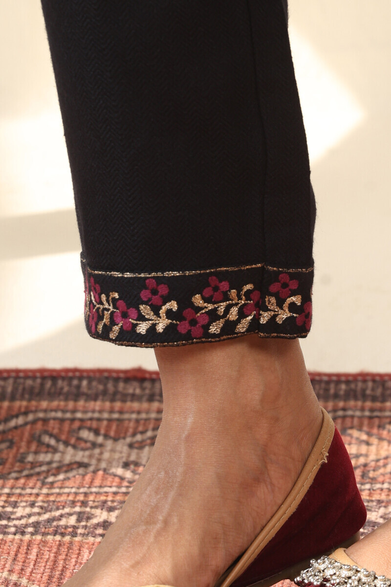 Black Handcrafted Faux Wool Narrow Pants