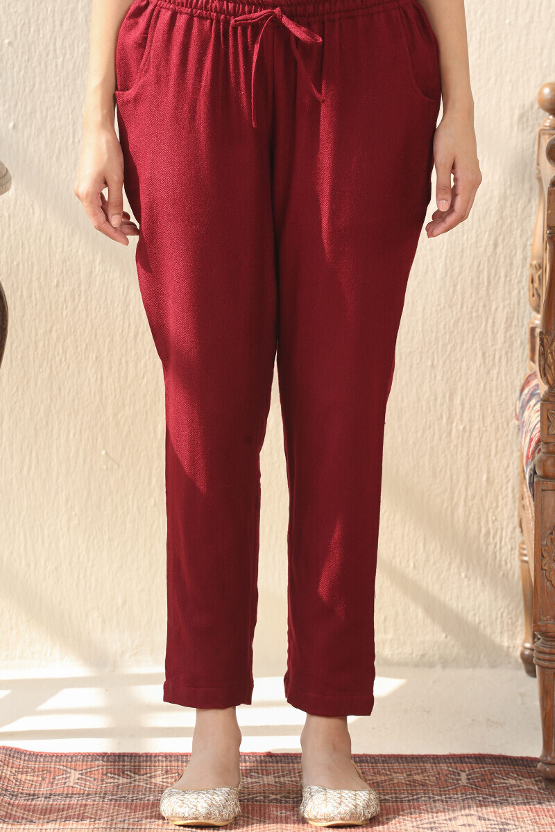 Maroon Handcrafted Faux Wool Narrow Pants