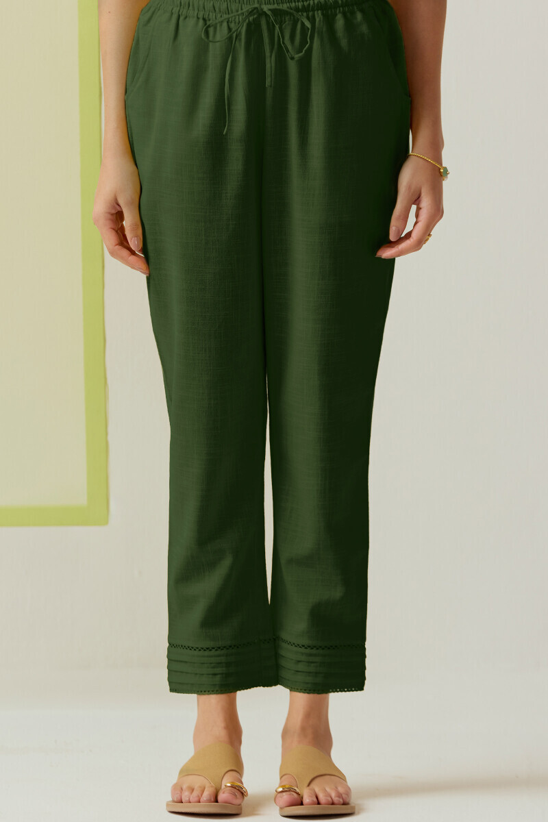 Green Handcrafted Gauze Slub Narrow Pants