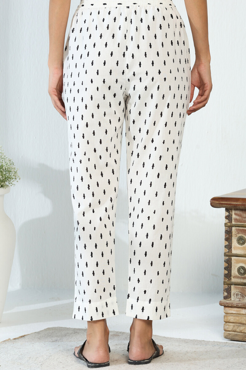 White Hand Block Printed Cotton Narrow Pants