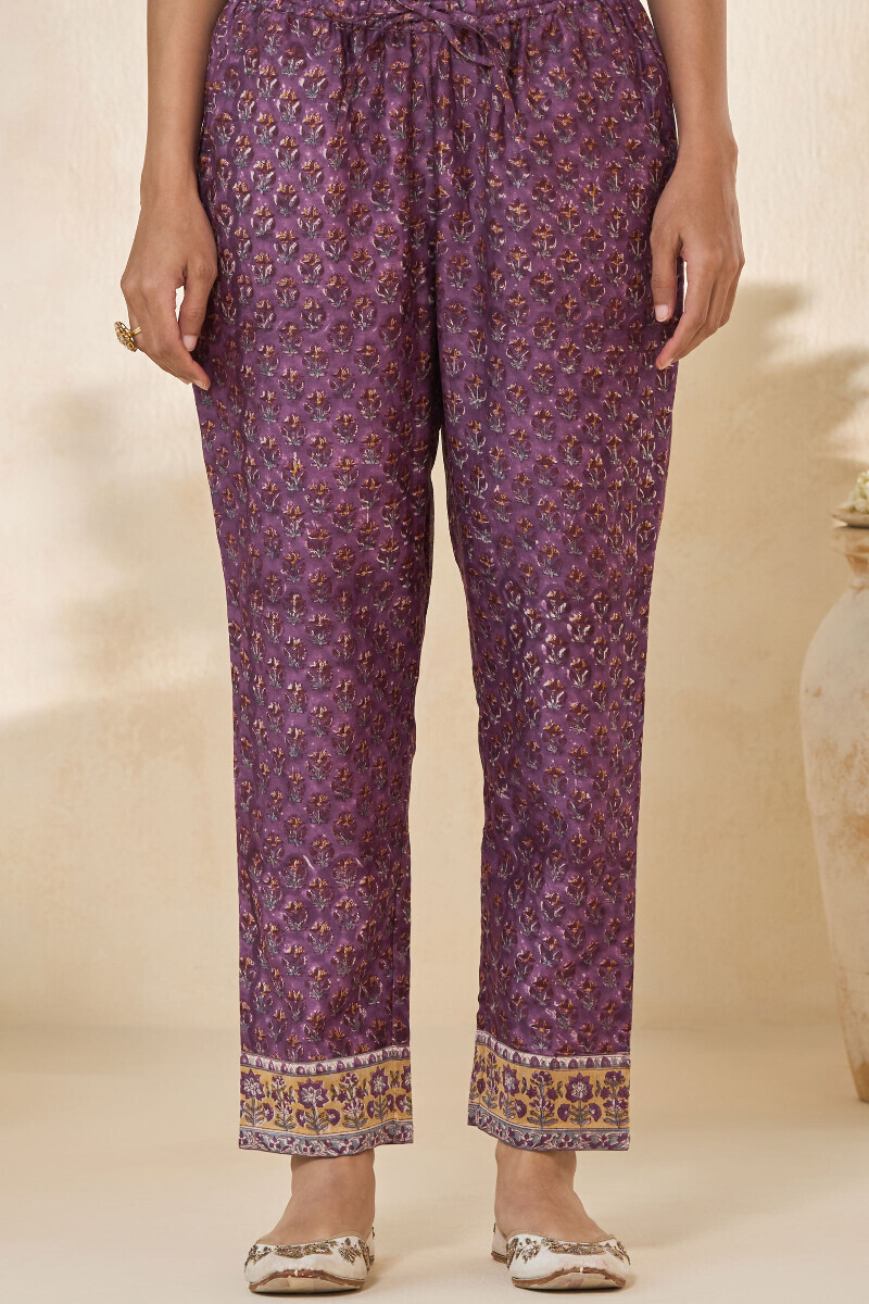 Purple Hand Block Printed Chanderi Narrow Pants