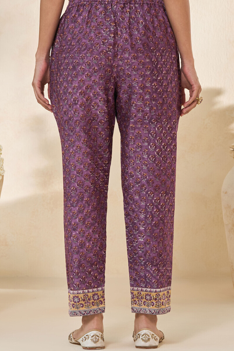 Purple Hand Block Printed Chanderi Narrow Pants
