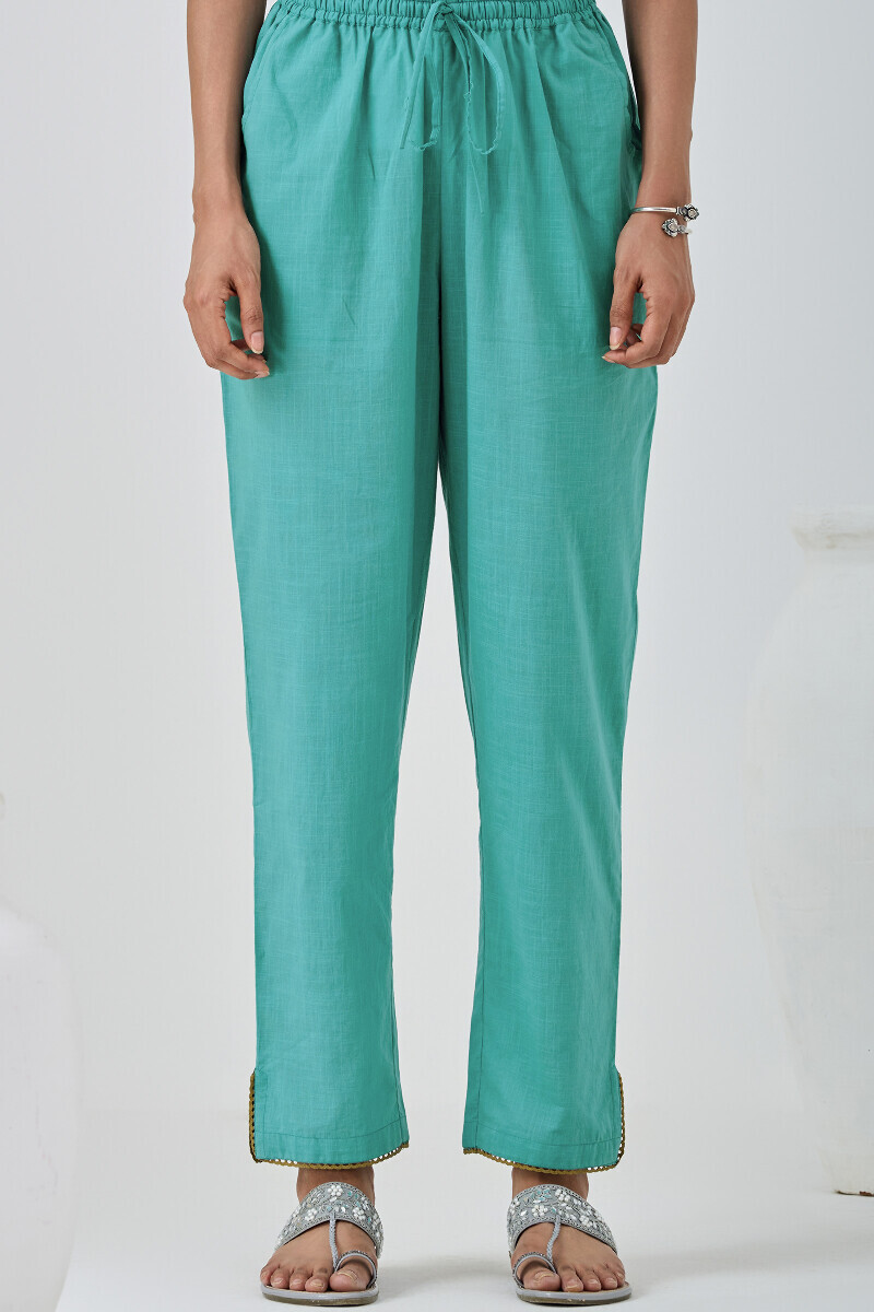 Blue Handcrafted Cotton Slub Narrow Pants