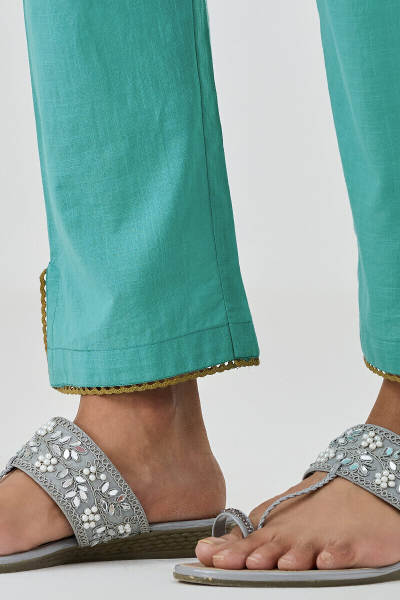 Blue Handcrafted Cotton Slub Narrow Pants