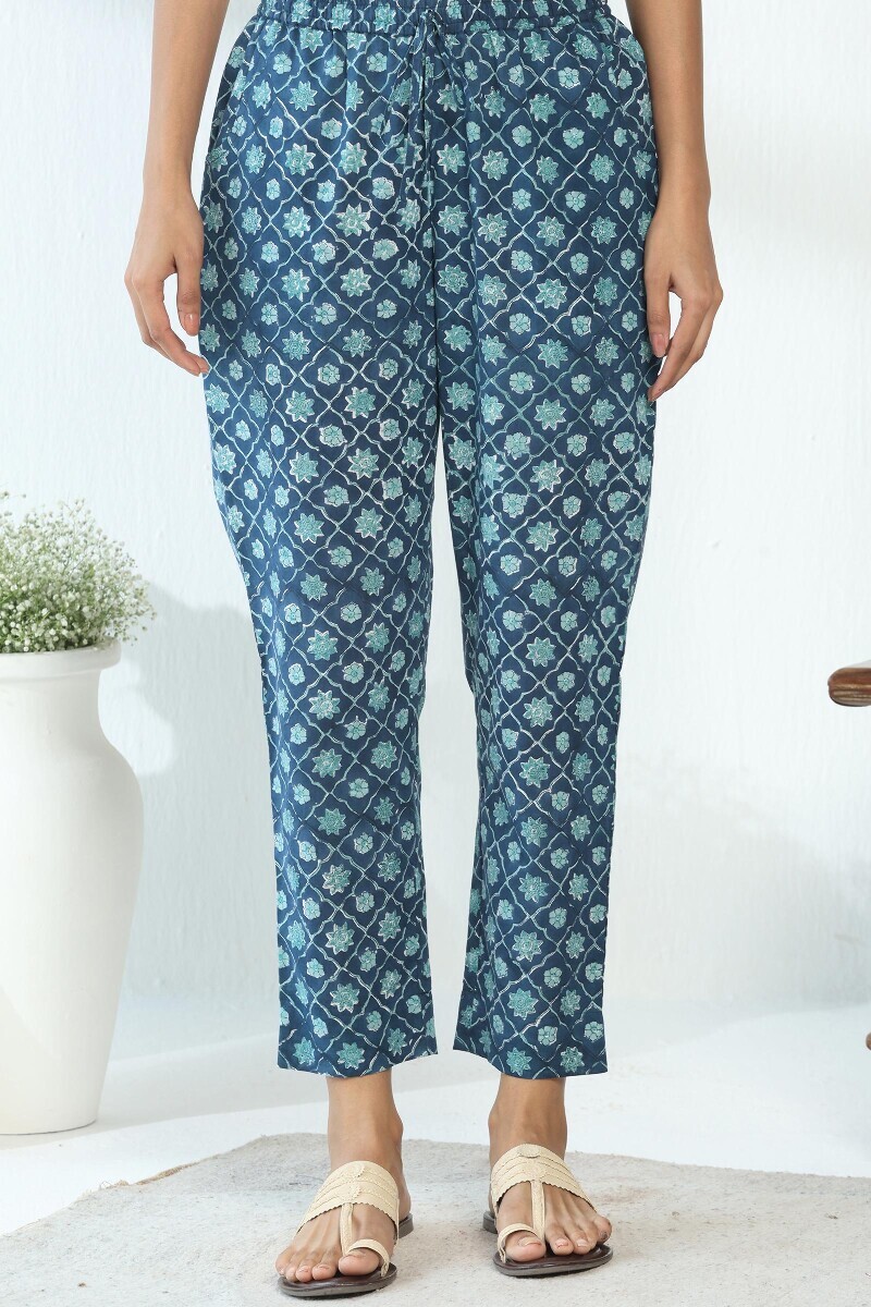 Blue Hand Block Printed Cotton Slub Narrow Pants
