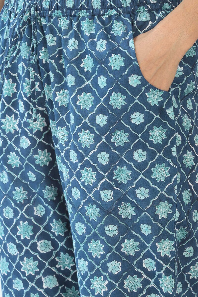 Blue Hand Block Printed Cotton Slub Narrow Pants