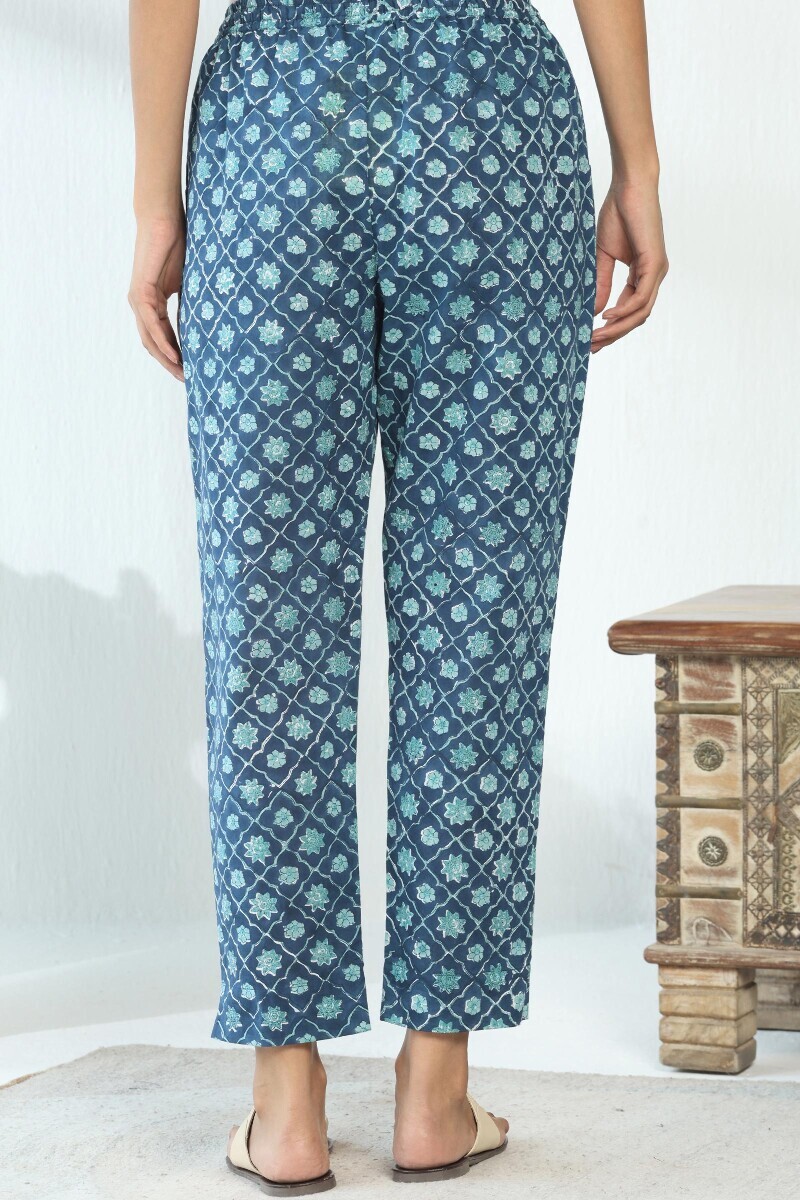 Blue Hand Block Printed Cotton Slub Narrow Pants