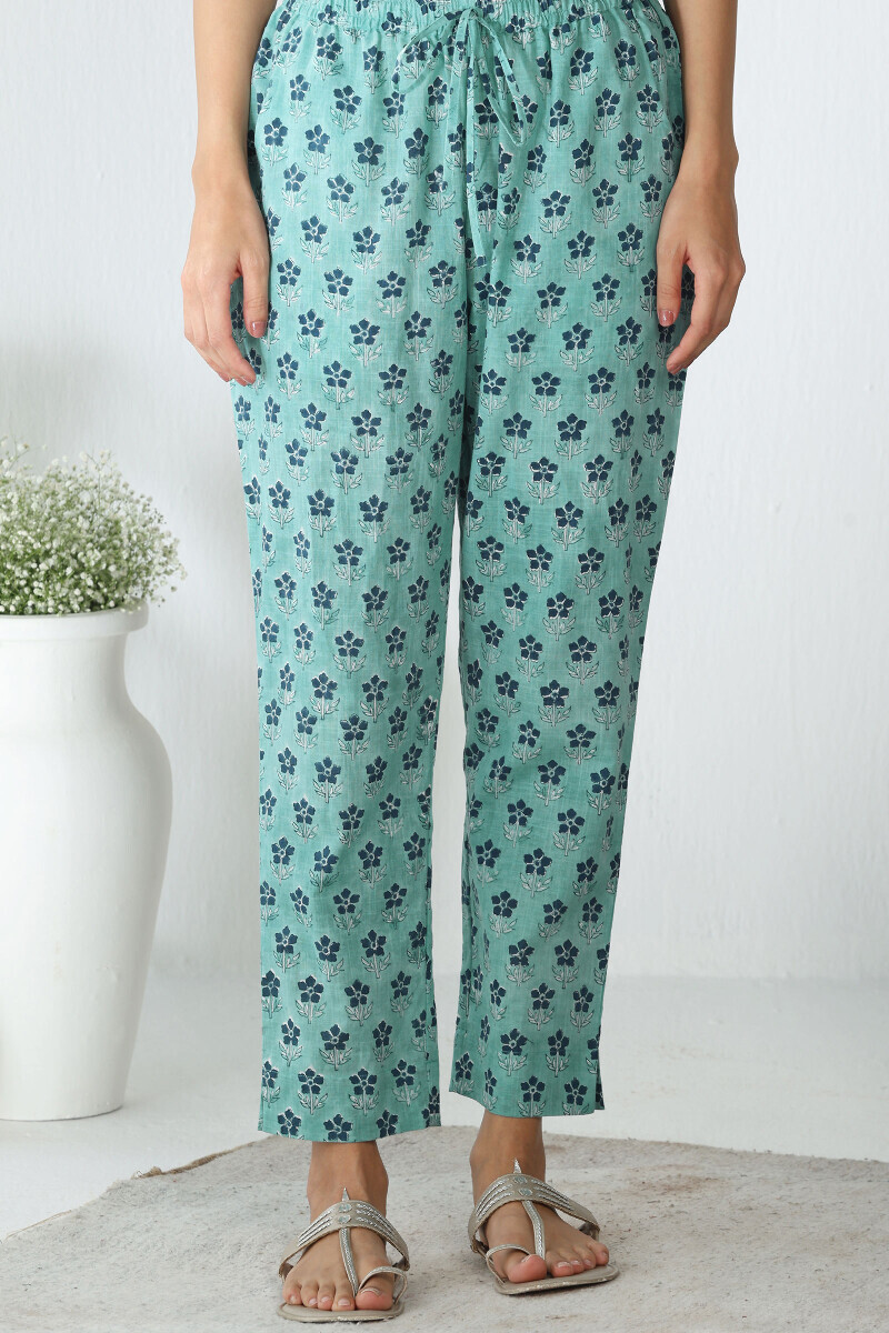Blue Hand Block Printed Cotton Slub Narrow Pants