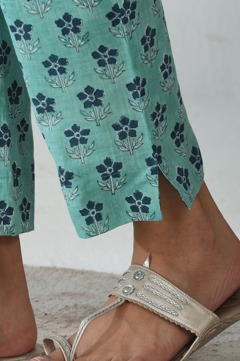 Blue Hand Block Printed Cotton Slub Narrow Pants