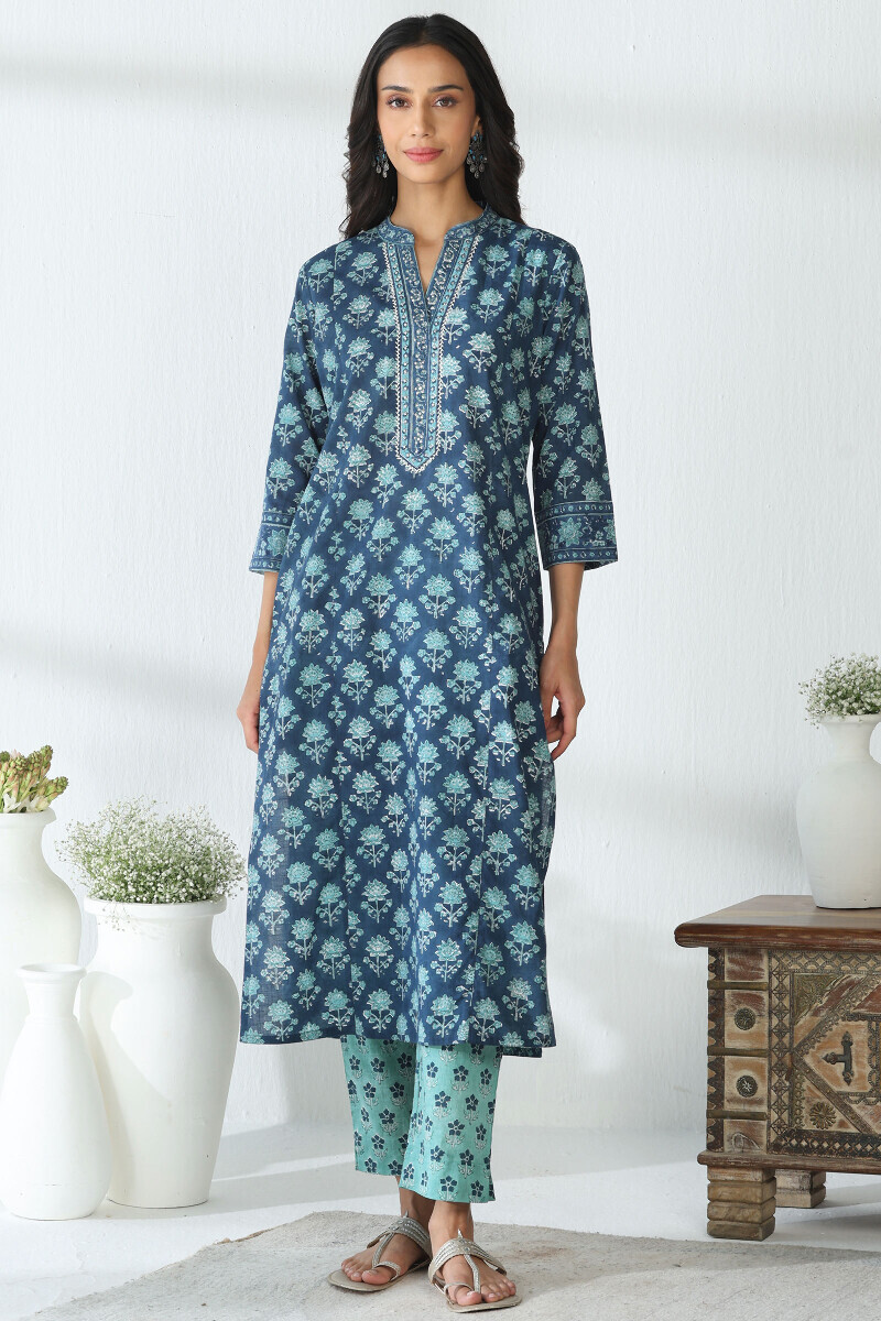 Blue Hand Block Printed Cotton Slub Narrow Pants