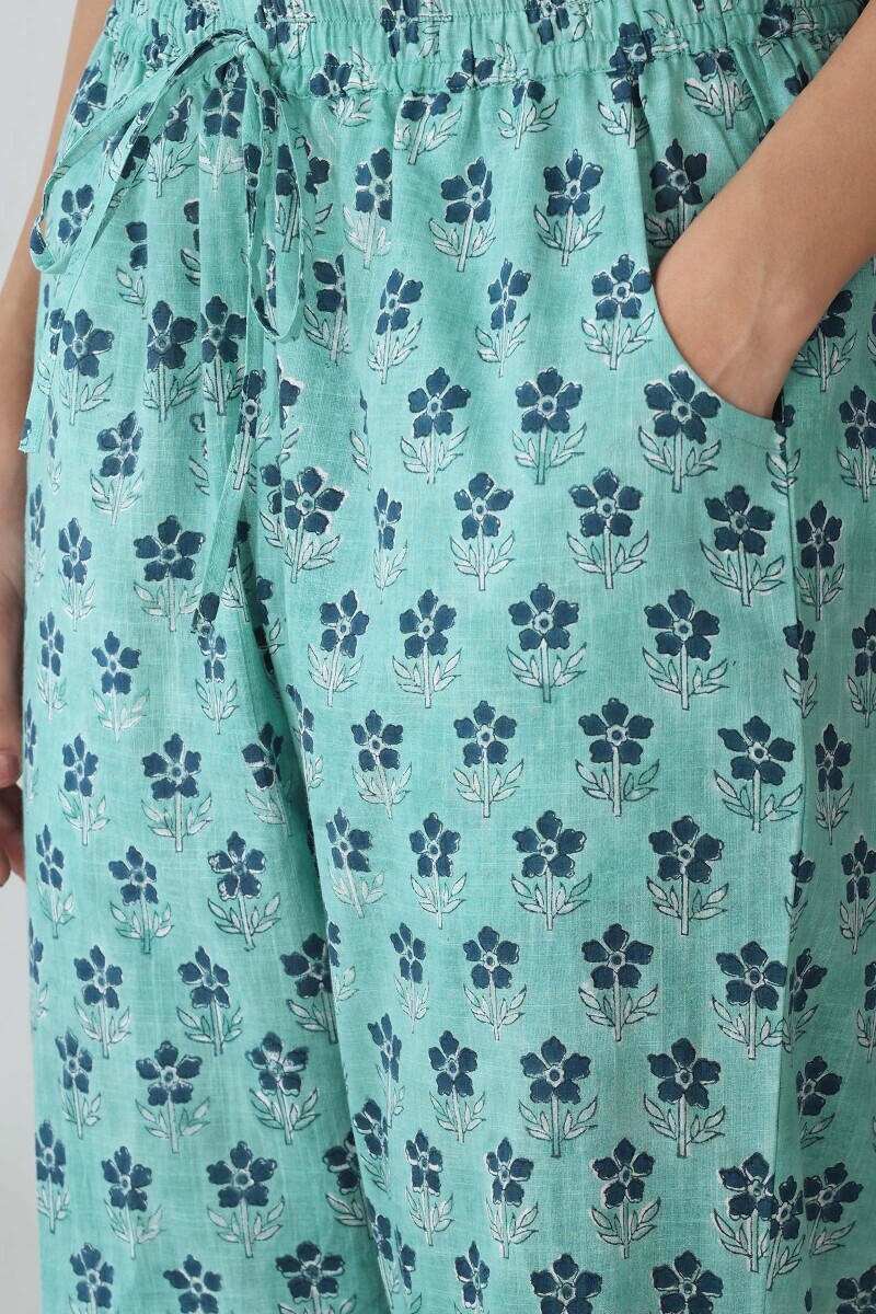 Blue Hand Block Printed Cotton Slub Narrow Pants