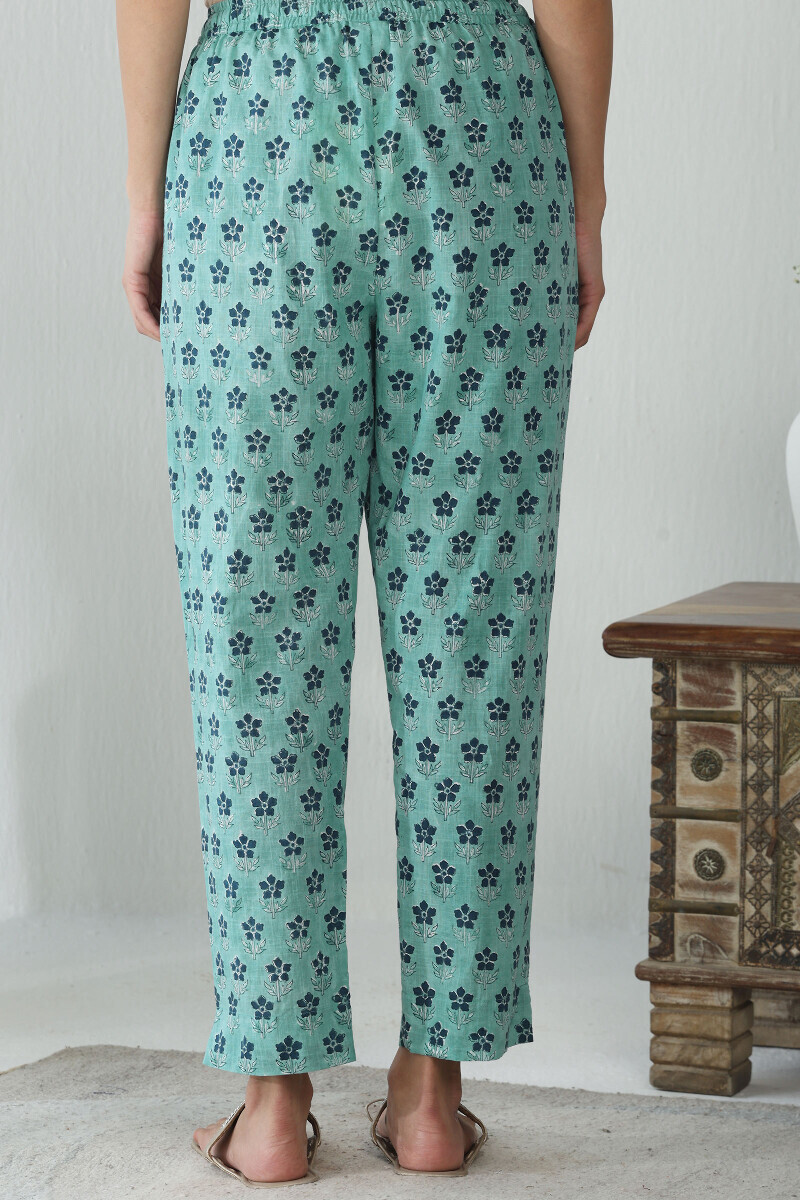 Blue Hand Block Printed Cotton Slub Narrow Pants