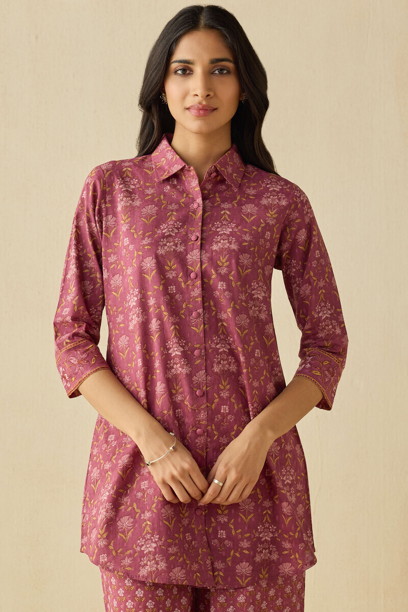 Mauve Hand Printed Cotton Dobby Loungewear Set