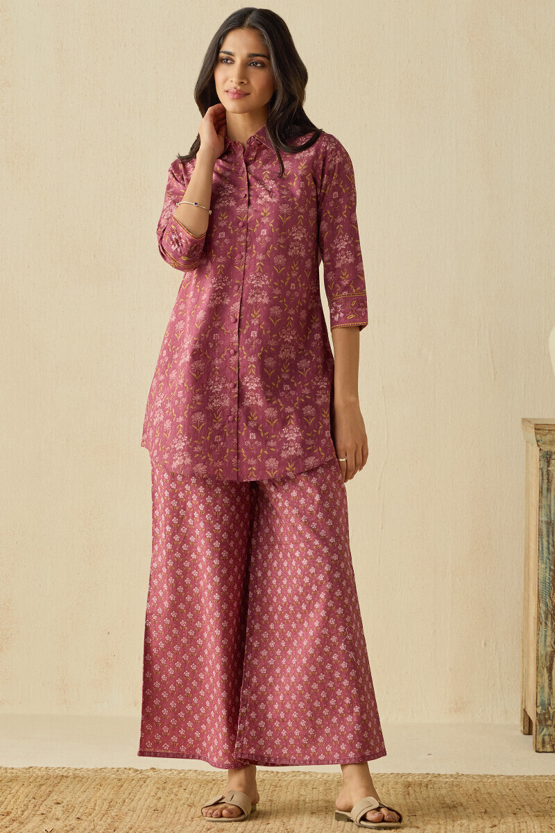 Mauve Hand Printed Cotton Dobby Loungewear Set