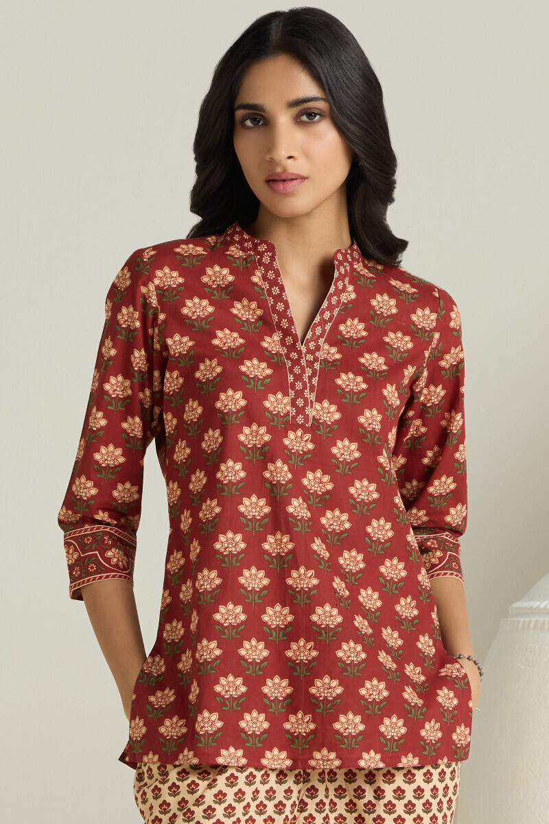 Maroon Hand Printed Cotton Loungewear Set