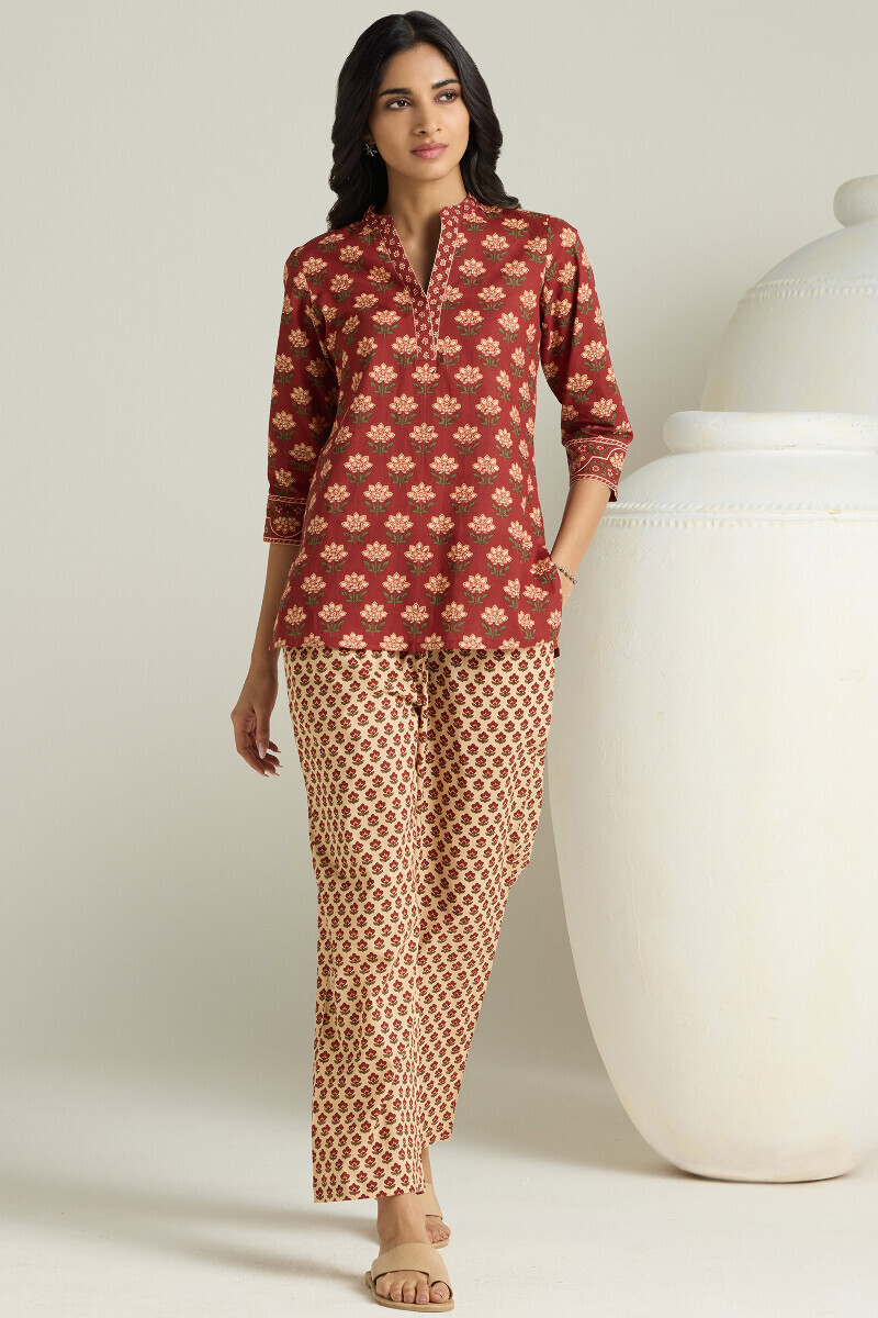 Maroon Hand Printed Cotton Loungewear Set