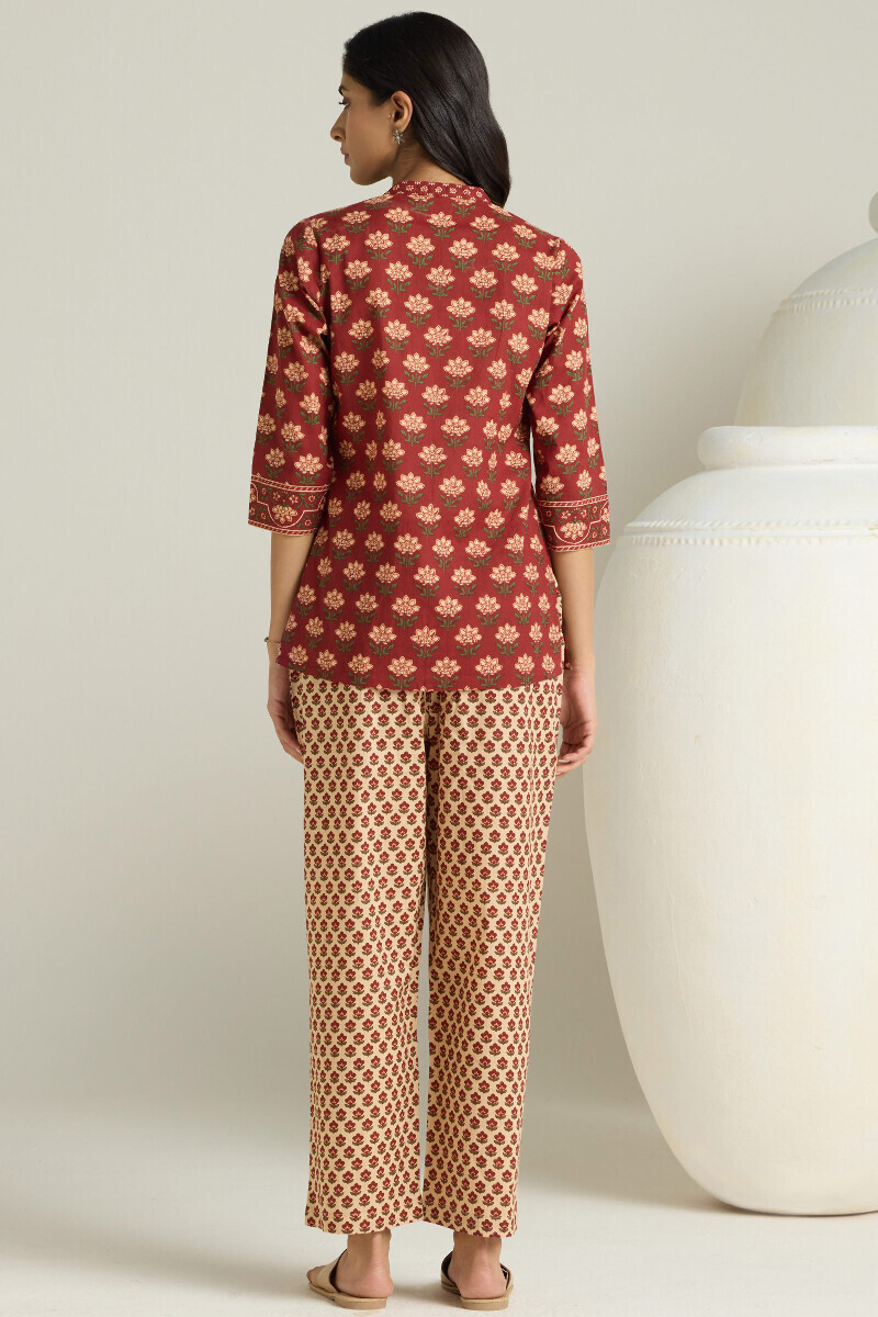 Maroon Hand Printed Cotton Loungewear Set