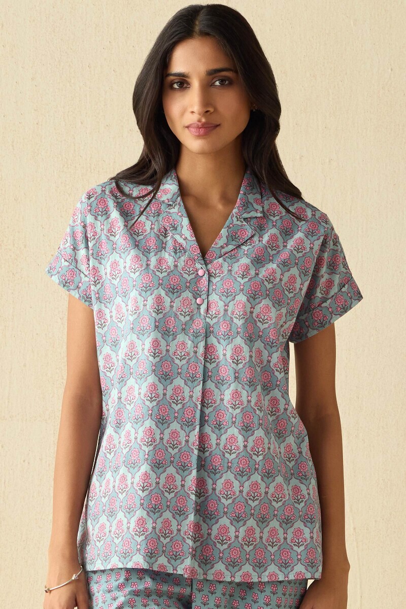 Blue Hand Printed Cotton Loungewear Set