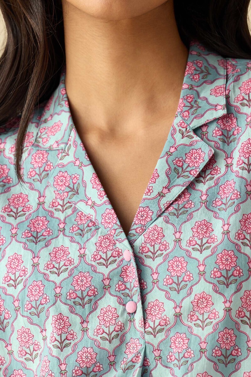 Blue Hand Printed Cotton Loungewear Set