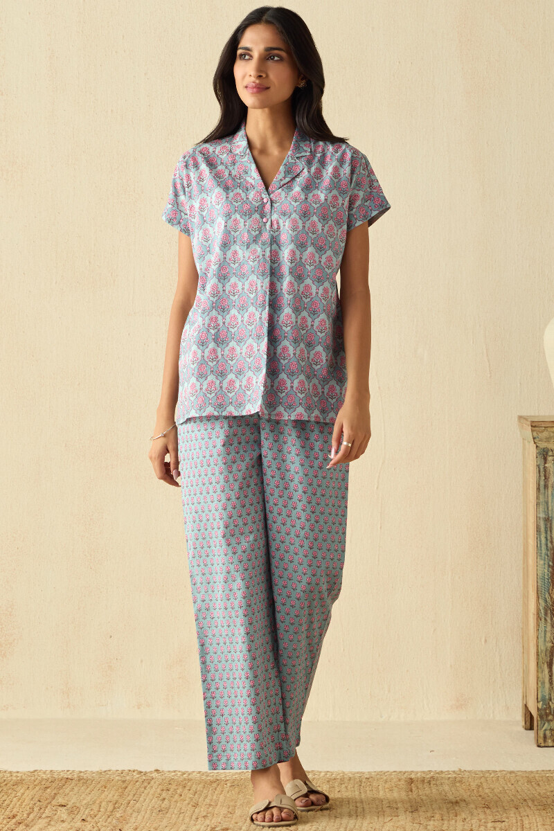 Blue Hand Printed Cotton Loungewear Set