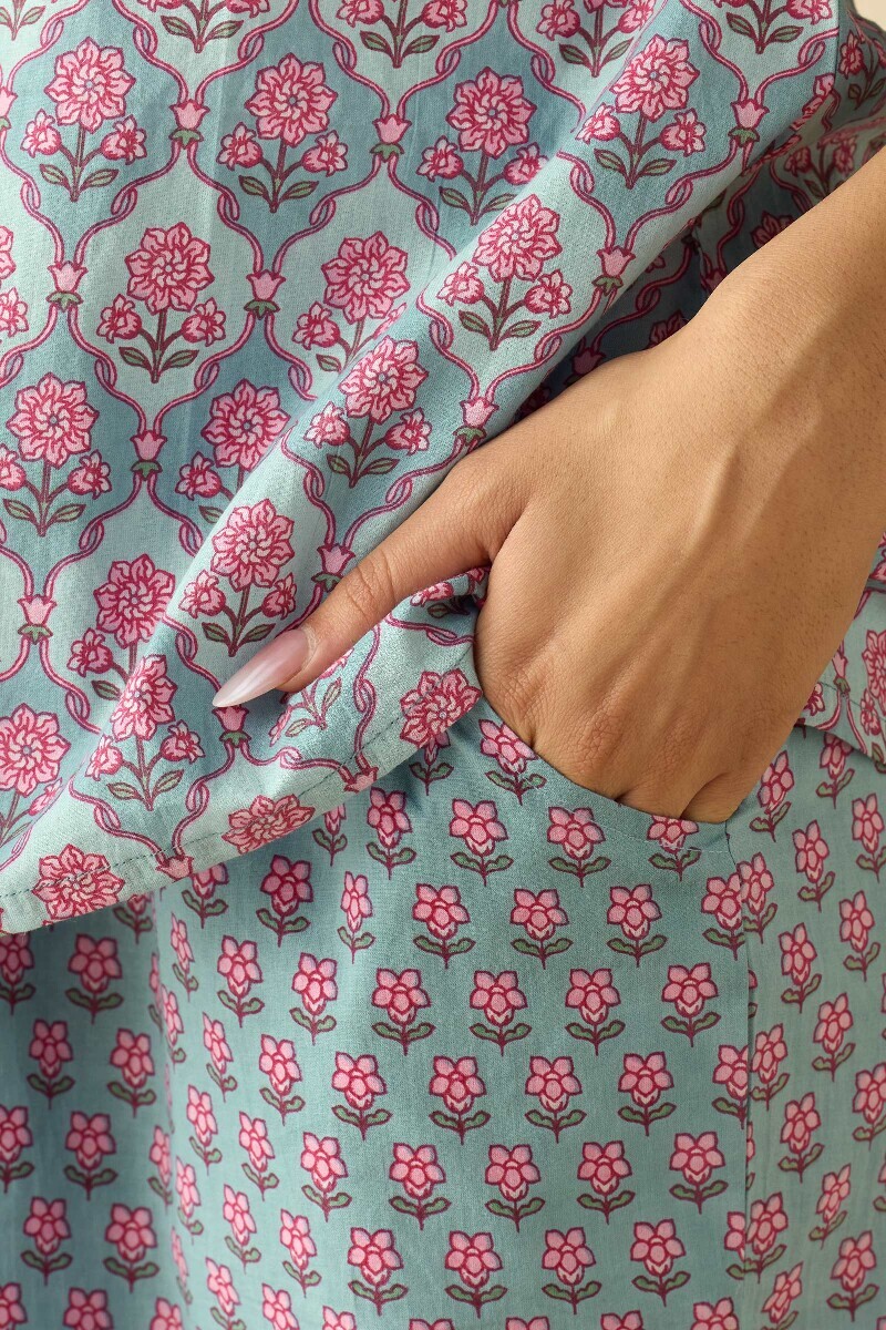 Blue Hand Printed Cotton Loungewear Set