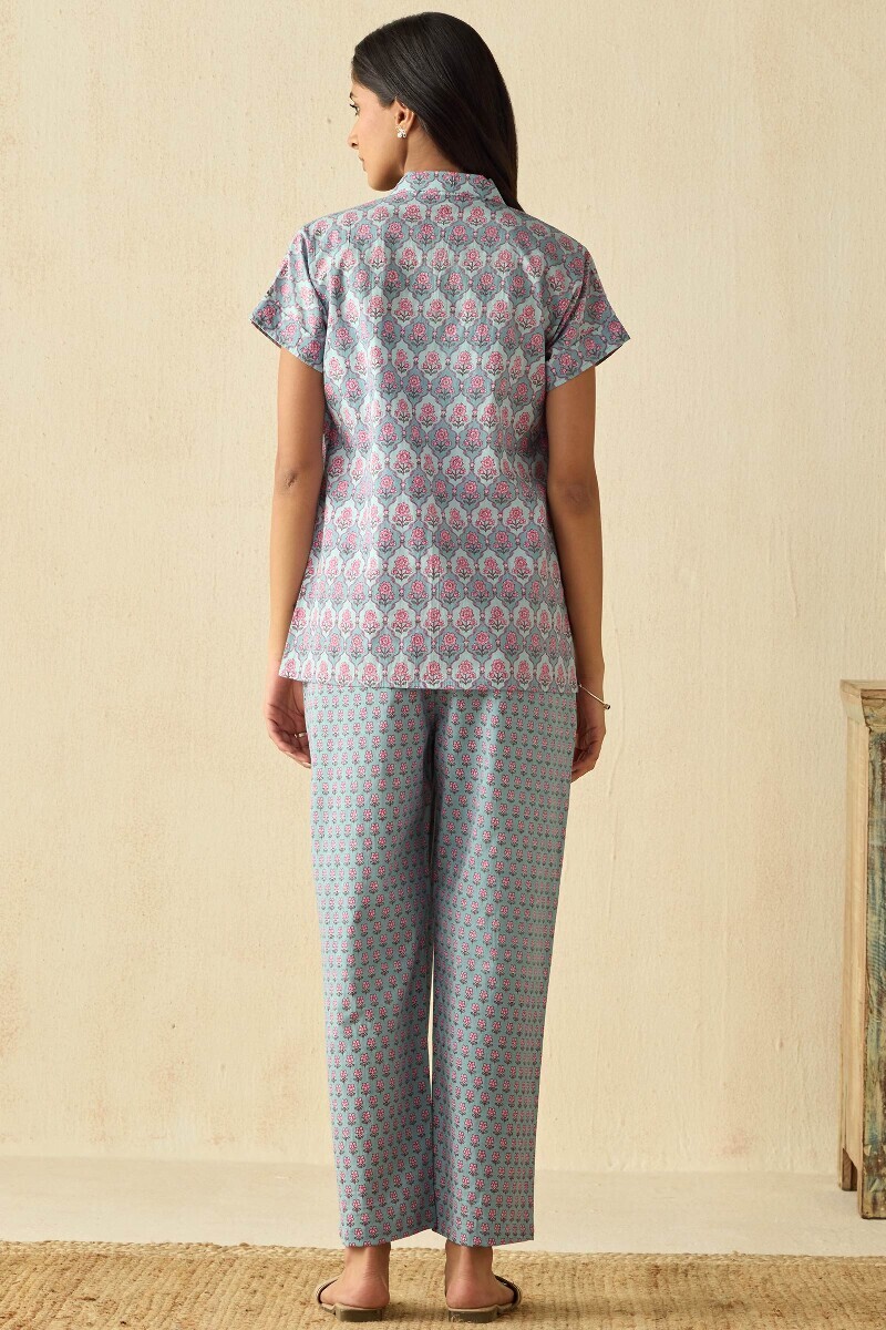 Blue Hand Printed Cotton Loungewear Set
