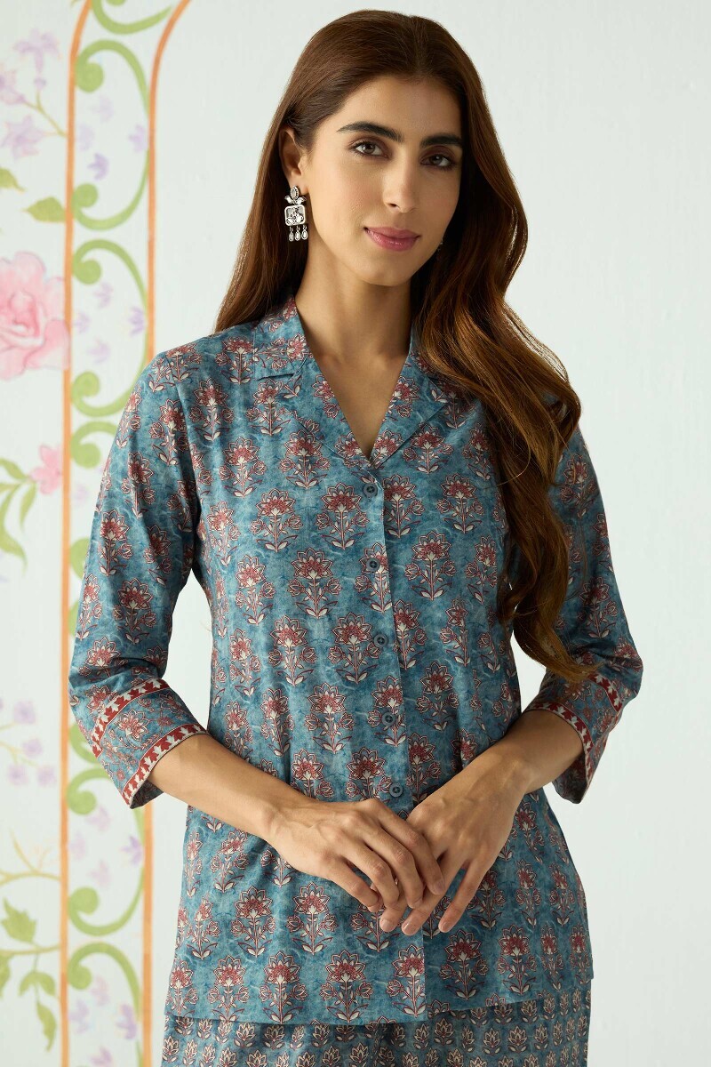 Blue Printed Cotton Loungewear Set