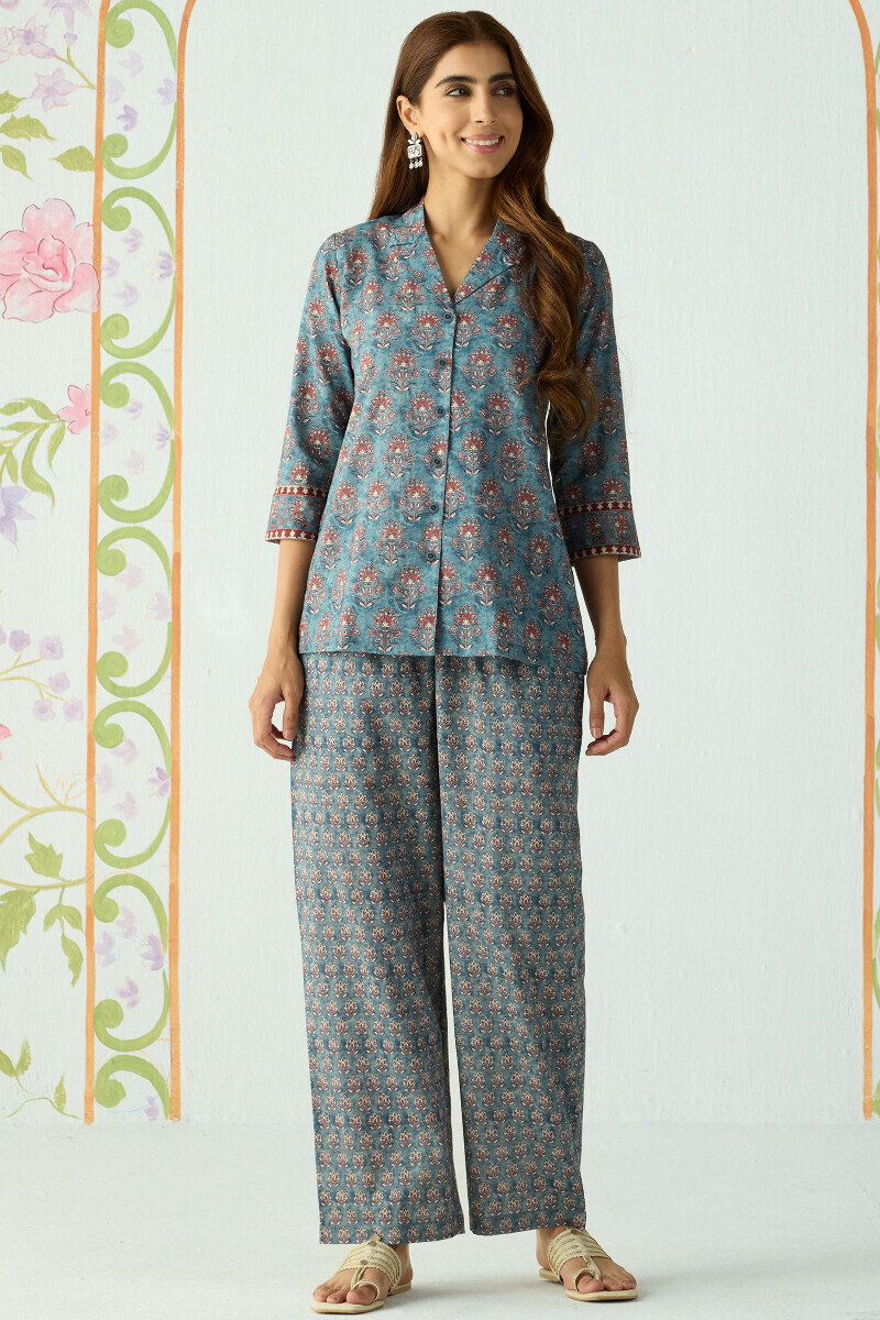 Blue Printed Cotton Loungewear Set