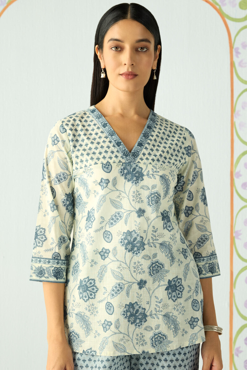 Blue Hand Printed Cotton Slub Loungewear Set