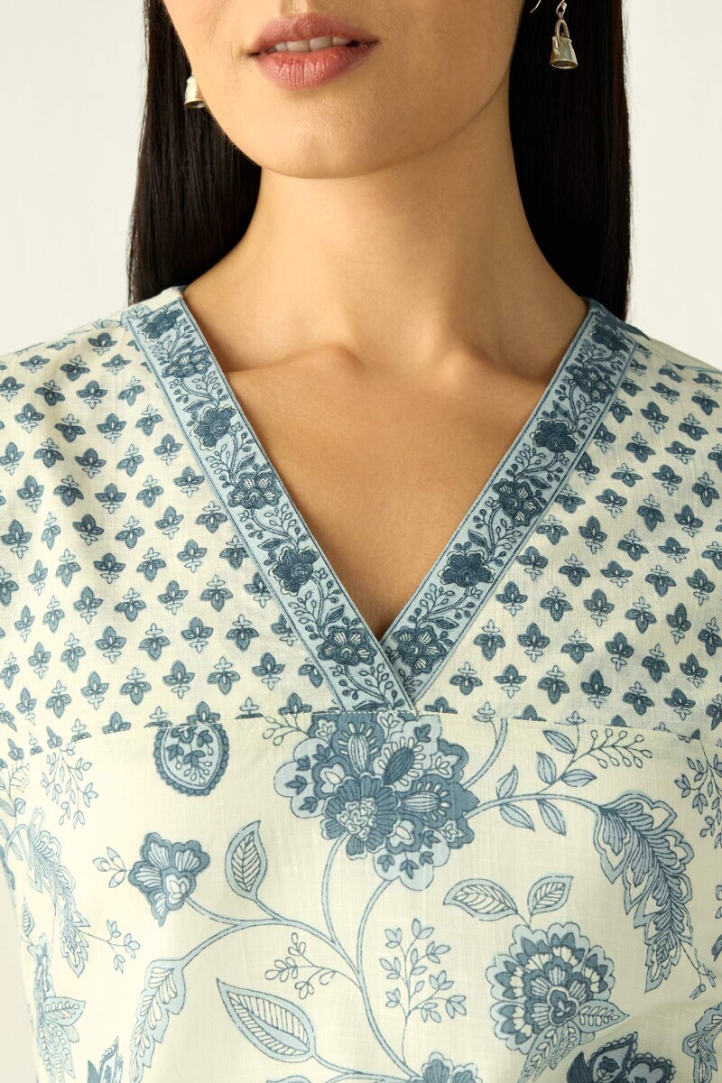 Blue Hand Printed Cotton Slub Loungewear Set
