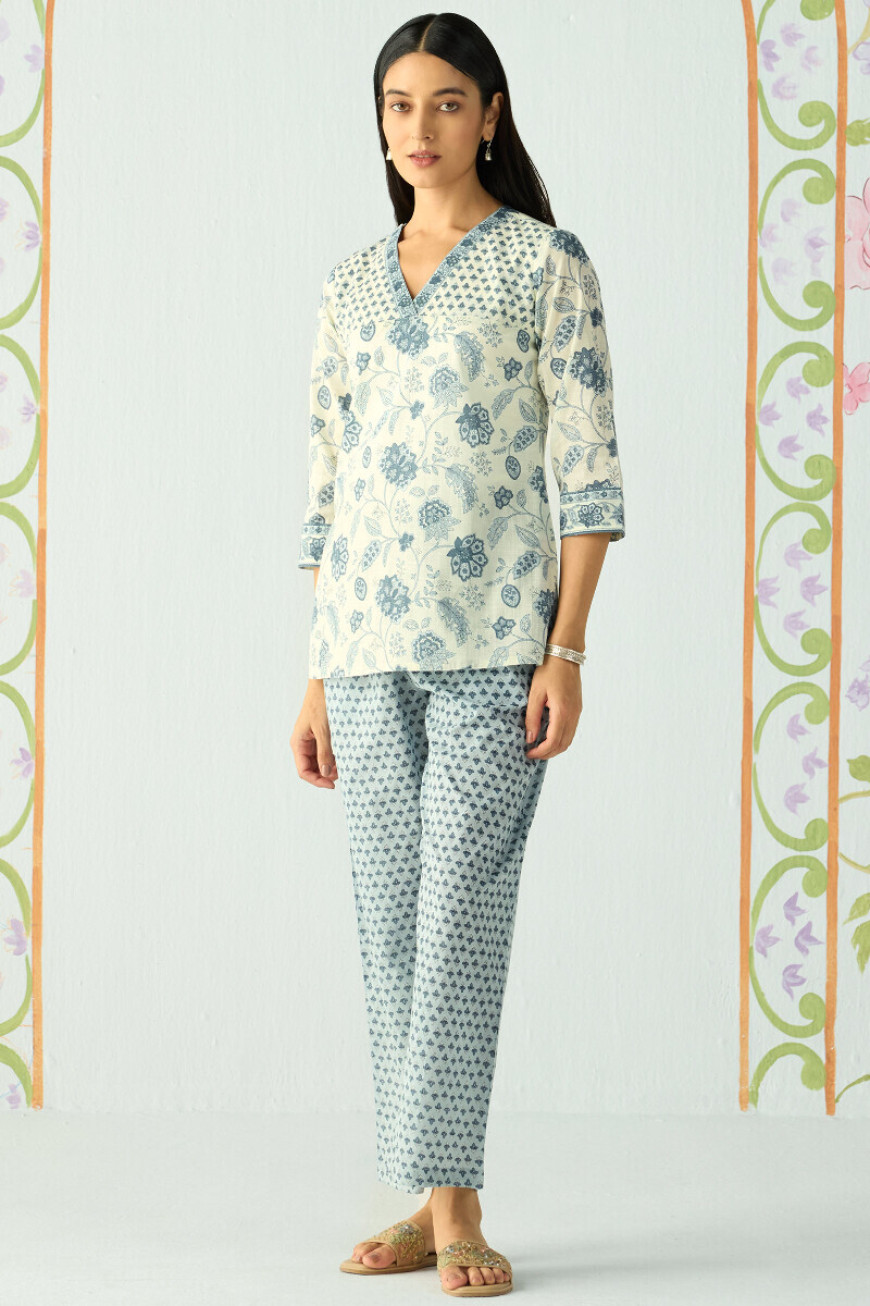 Blue Hand Printed Cotton Slub Loungewear Set