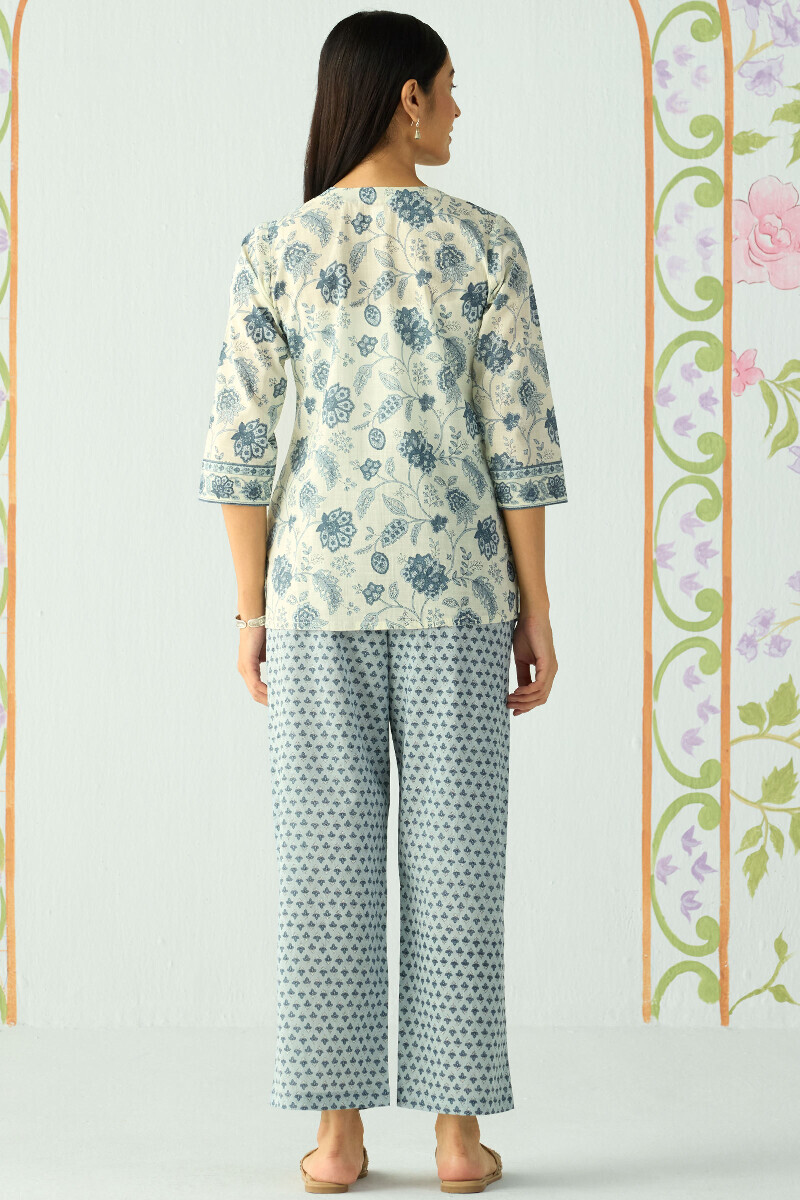 Blue Hand Printed Cotton Slub Loungewear Set