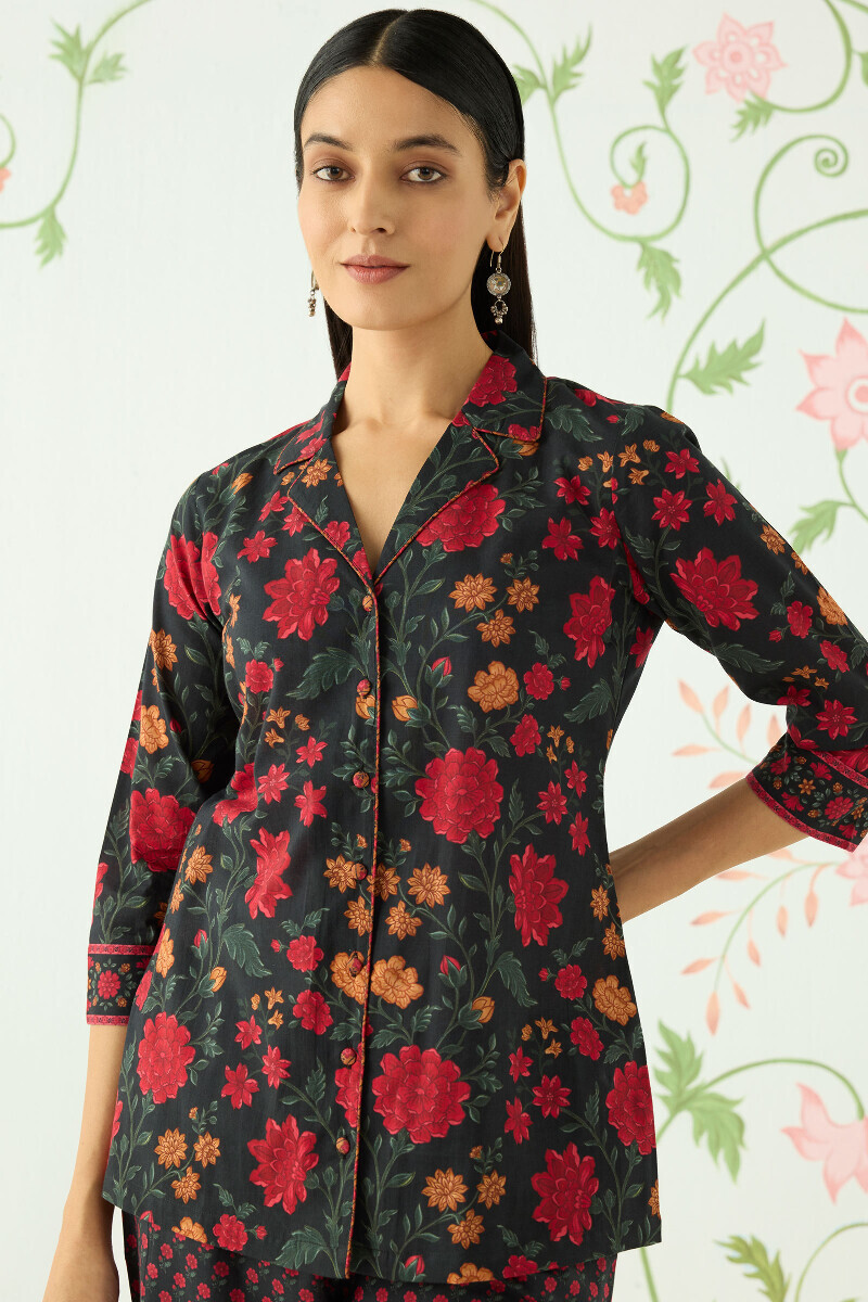 Black Printed Cotton Loungewear Set