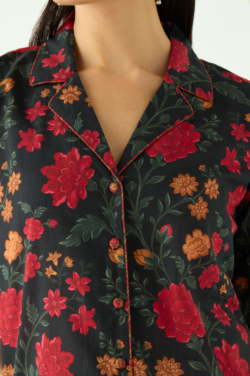 Black Printed Cotton Loungewear Set
