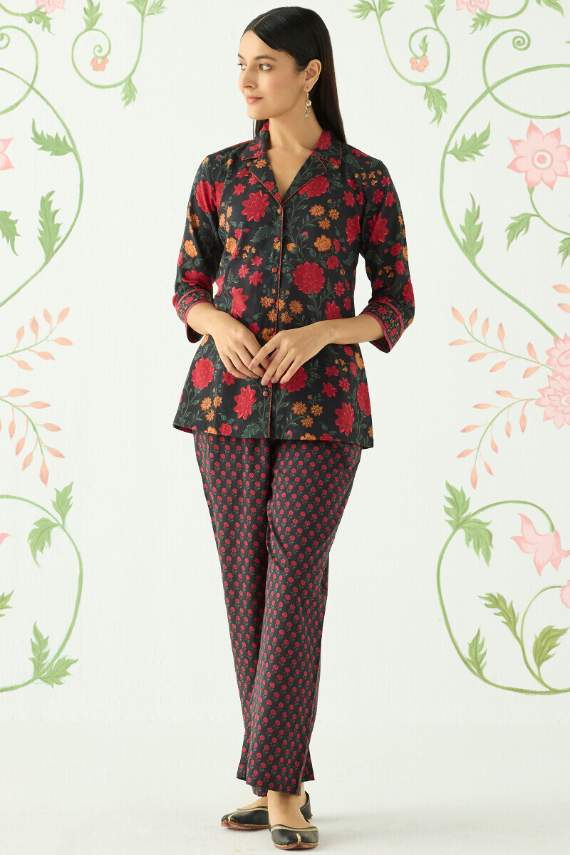 Black Printed Cotton Loungewear Set