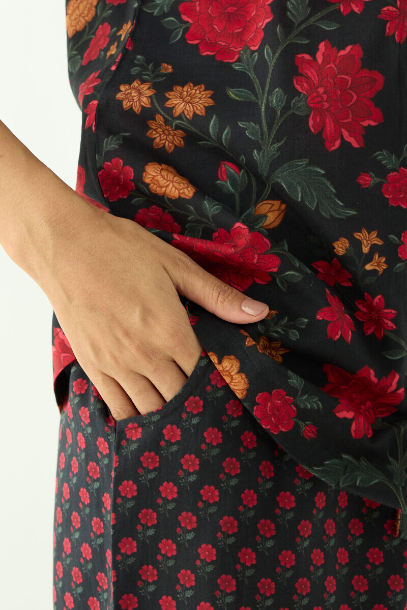 Black Printed Cotton Loungewear Set