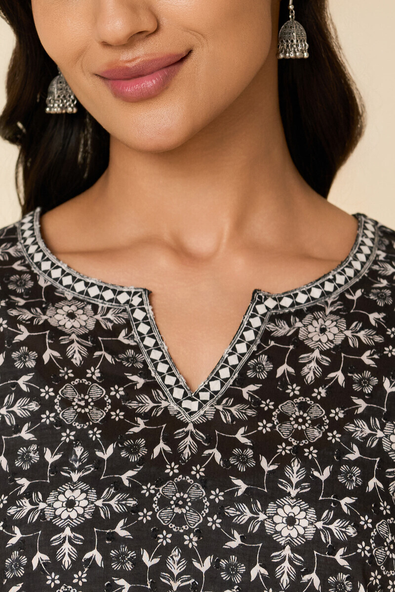 Black Hand Printed Cotton Dobby Loungewear Set