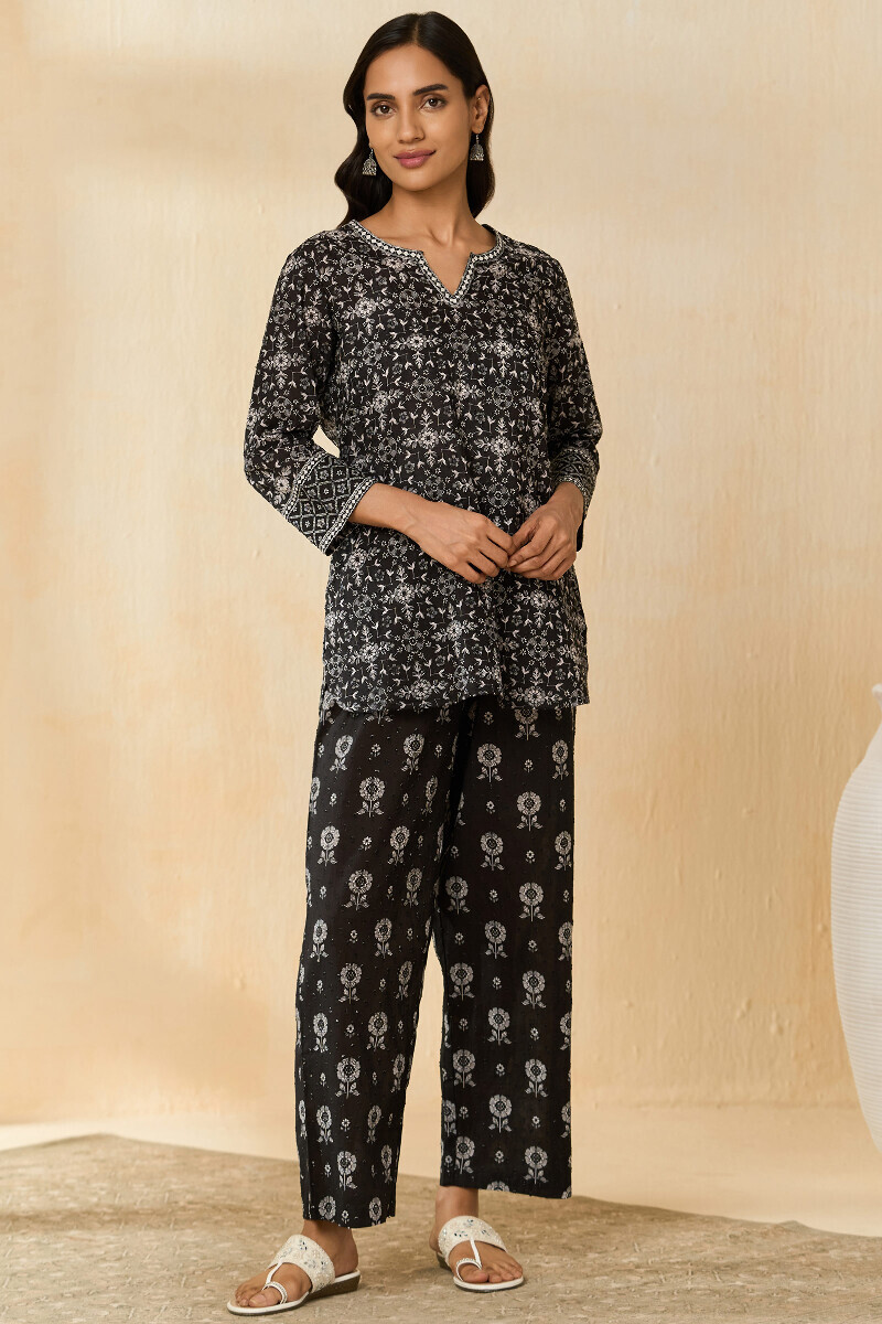 Black Hand Printed Cotton Dobby Loungewear Set