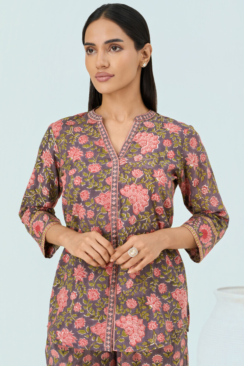 Mauve Hand Block Printed Cotton Loungewear Set