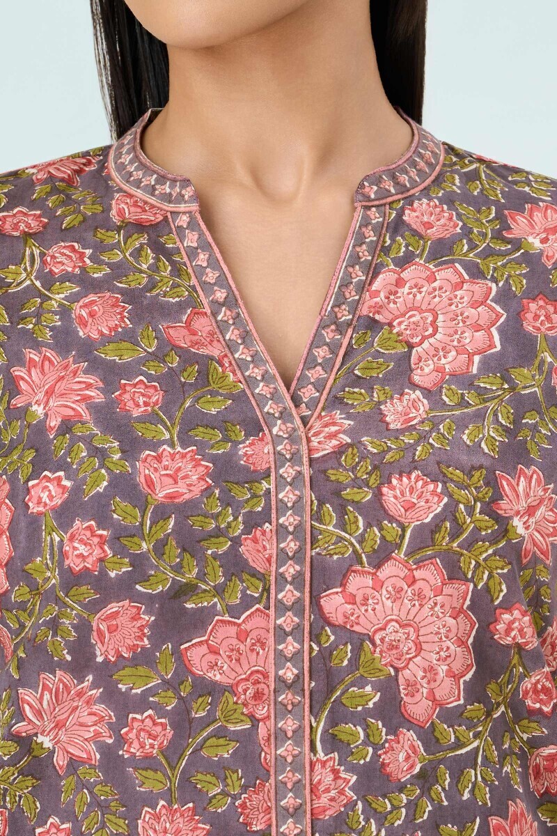 Mauve Hand Block Printed Cotton Loungewear Set